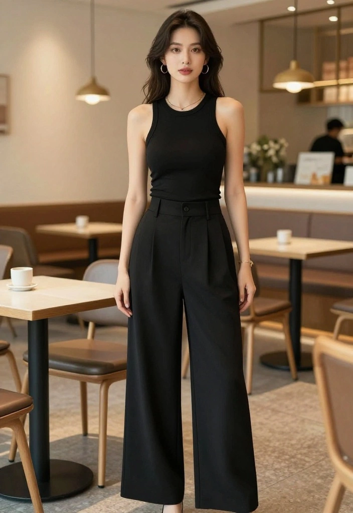 14 Black Tank Top Outfit Ideas for Women That Aren't Too Casual - 11. High-Waisted Wide-Leg Pants 1