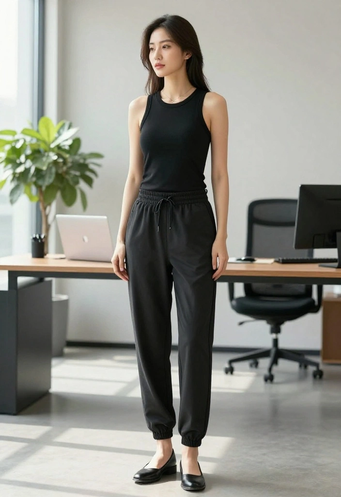 14 Black Tank Top Outfit Ideas for Women That Aren't Too Casual - 12. Sporty Chic with Tailored Joggers 1