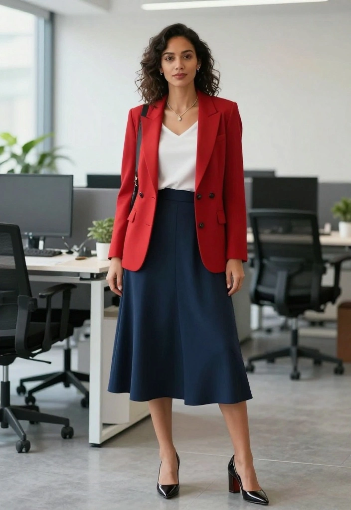 14 Red Jacket Outfits for Women That Tone Down Bold for the Office - 14. Feminine Touch with a Midi 1