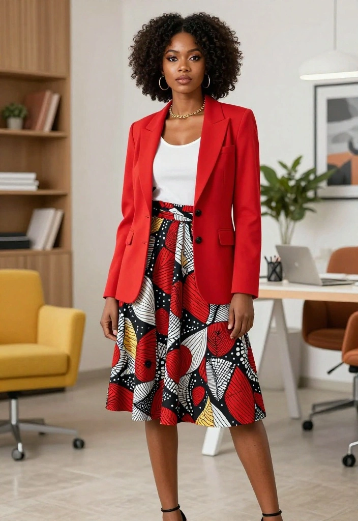14 Red Jacket Outfits for Women That Tone Down Bold for the Office - 6. Bold Prints and Red 1