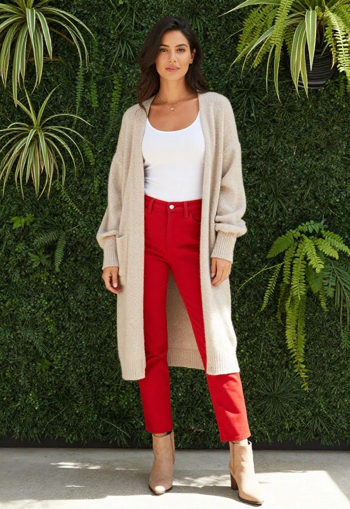 14 Red Jeans Outfit Ideas for Women That Feel Bold Not Loud - 2. Layered Neutrals with a Pop of Color 1
