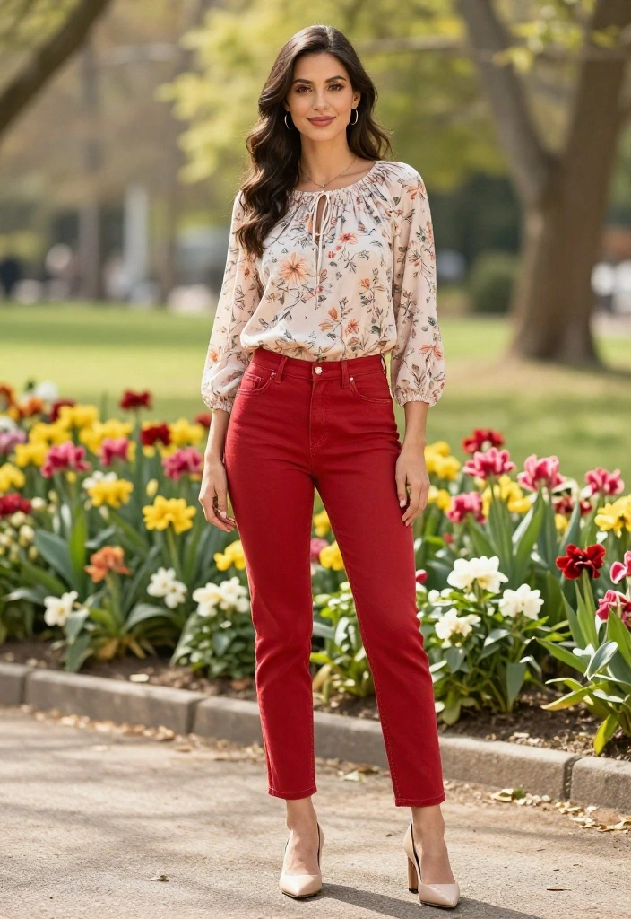 14 Red Jeans Outfit Ideas for Women That Feel Bold Not Loud - 8. Floral Blouse for a Soft Touch 1