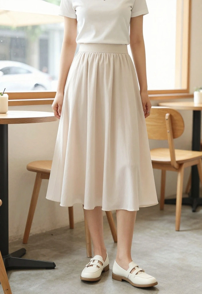 14 White Flats Outfit Suggestions for Women That Elongate Your Legs - 4. Flowy Midi Skirt and Simple Tee 1