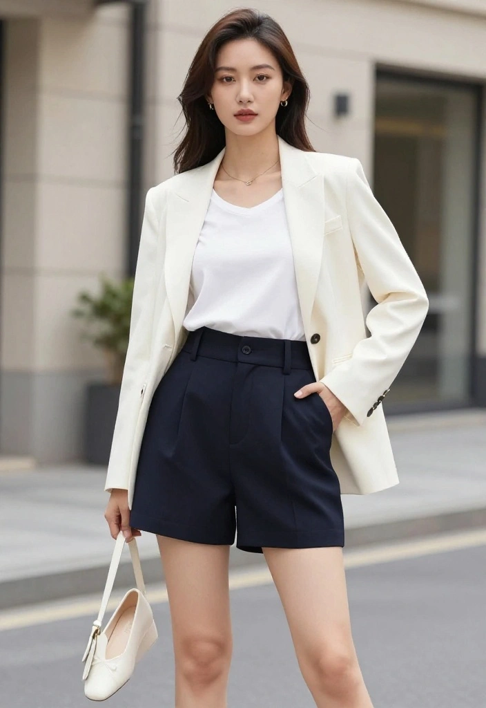 14 White Flats Outfit Suggestions for Women That Elongate Your Legs - 6. Elegant Blazer and Shorts 1