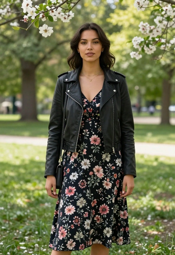 15 Biker Jacket Outfit Ideas for Women That Soften the Edge for Everyday Wear - 1. Biker Jacket with a Floral Midi Dress 1