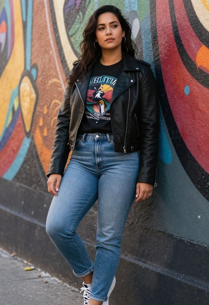 15 Biker Jacket Outfit Ideas for Women That Soften the Edge for Everyday Wear - 12. Casual Chic with a Graphic Tee 1