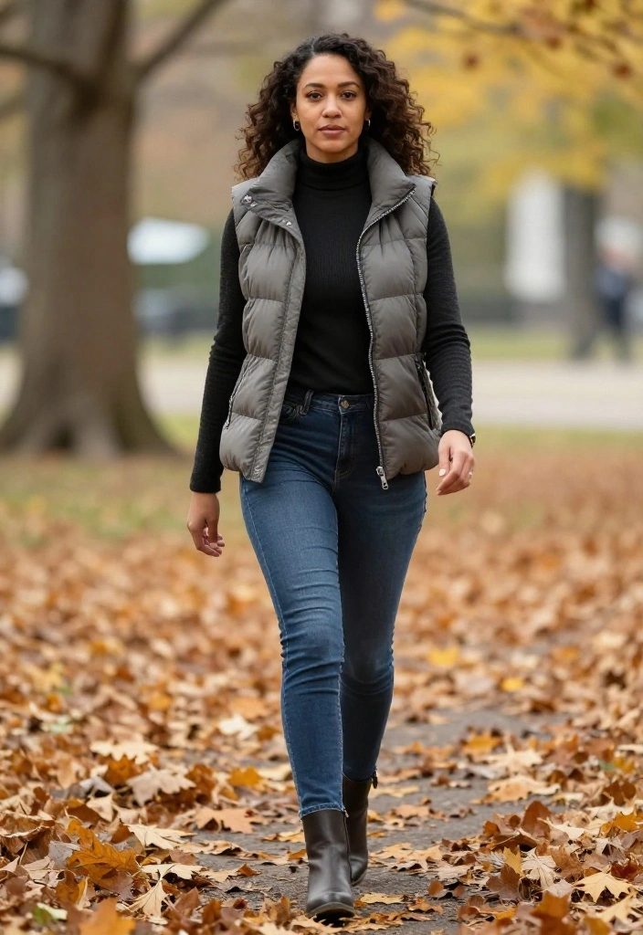 15 Biker Jacket Outfit Ideas for Women That Soften the Edge for Everyday Wear - 13. Seasonal Style with a Warm Puffer Vest 1