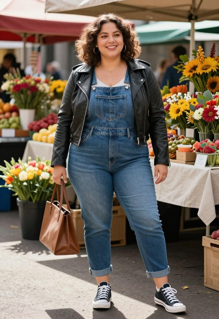 15 Biker Jacket Outfit Ideas for Women That Soften the Edge for Everyday Wear - 14. Effortless Weekend Vibe with Overalls 1