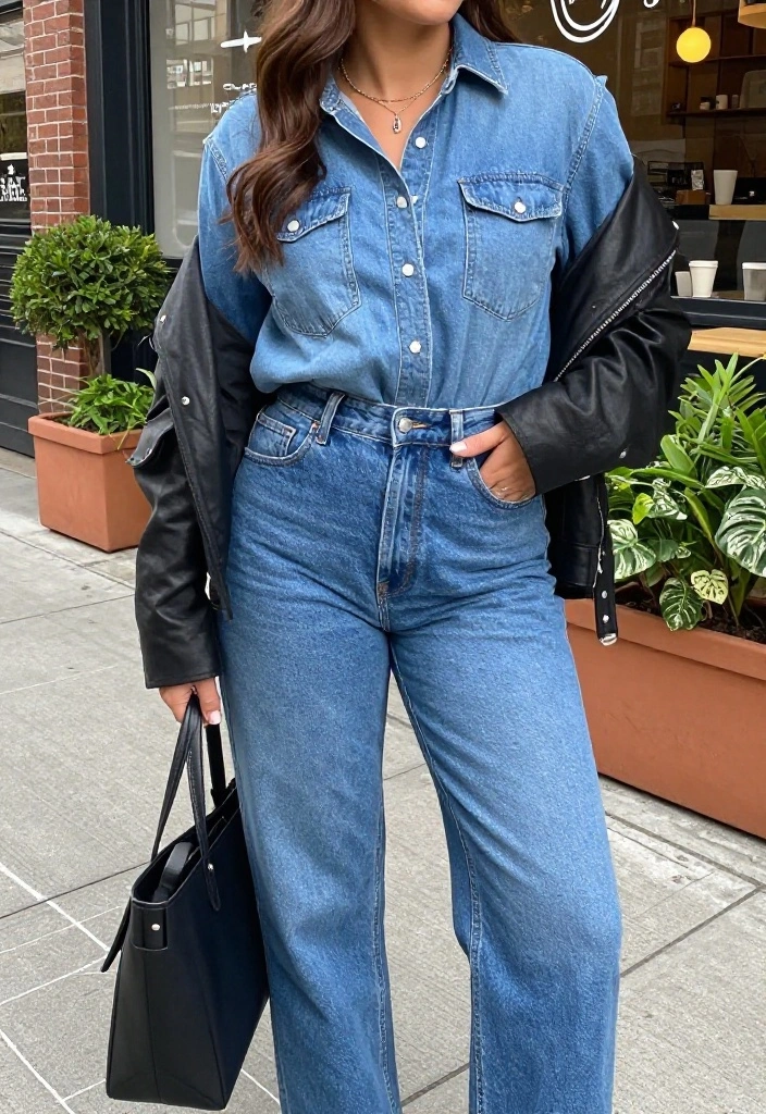 15 Biker Jacket Outfit Ideas for Women That Soften the Edge for Everyday Wear - 2. Denim-on-Denim with a Biker Twist 1