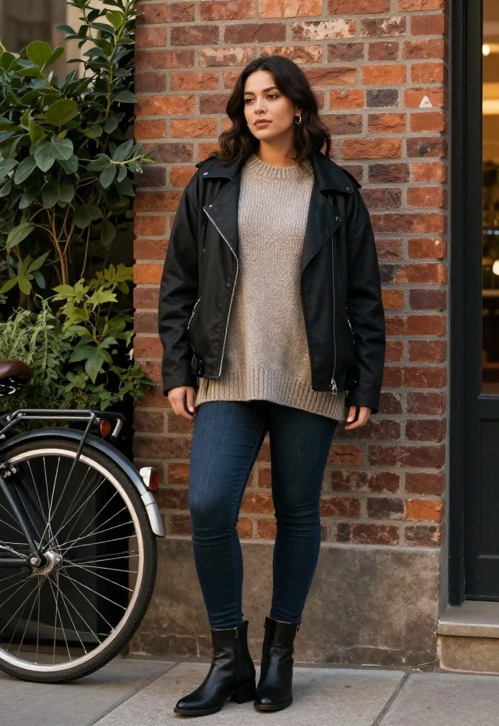 15 Biker Jacket Outfit Ideas for Women That Soften the Edge for Everyday Wear - 3. Layering with a Knit Sweater 1