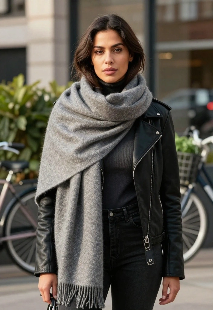 15 Biker Jacket Outfit Ideas for Women That Soften the Edge for Everyday Wear - 6. Contrast with a Cashmere Scarf 1