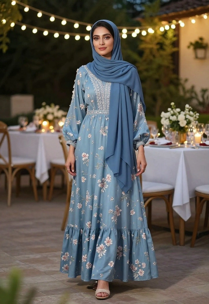 15 Blue Hijab Outfit Ideas for Women That Balance Color Without Clashing - 1. Blue Maxi Dress with Floral Accents 1
