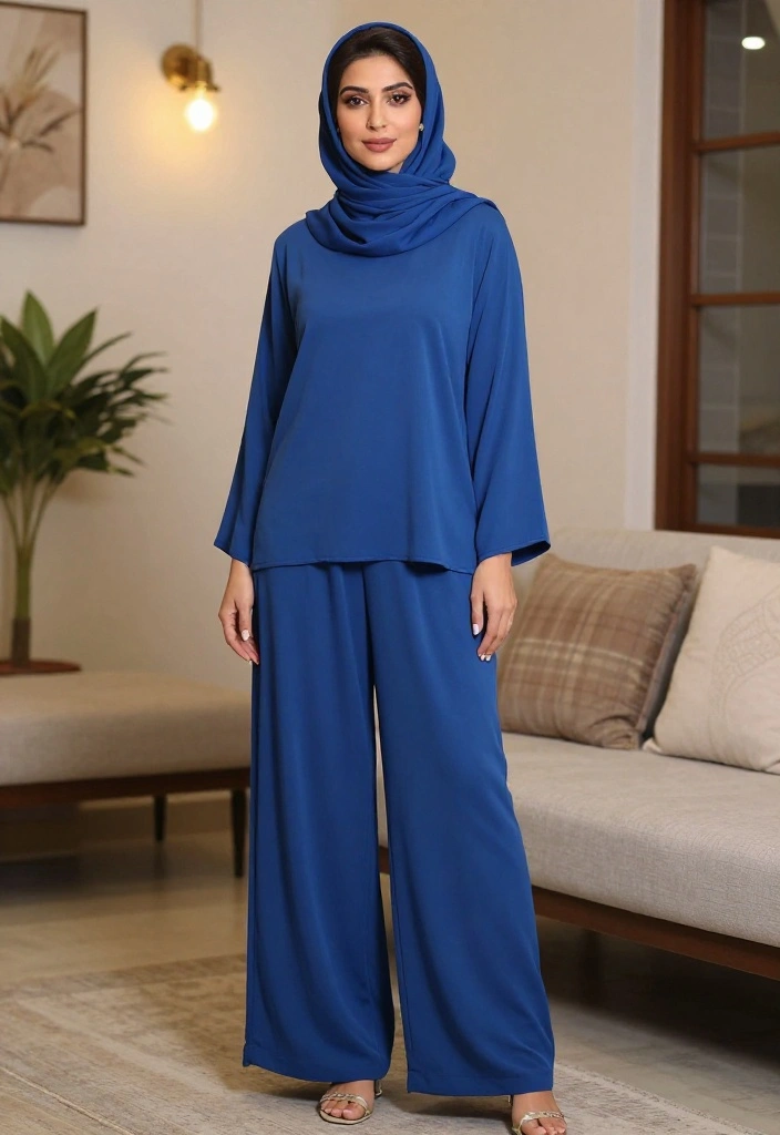 15 Blue Hijab Outfit Ideas for Women That Balance Color Without Clashing - 10. Blue Printed Palazzo Pants with Solid Top 1