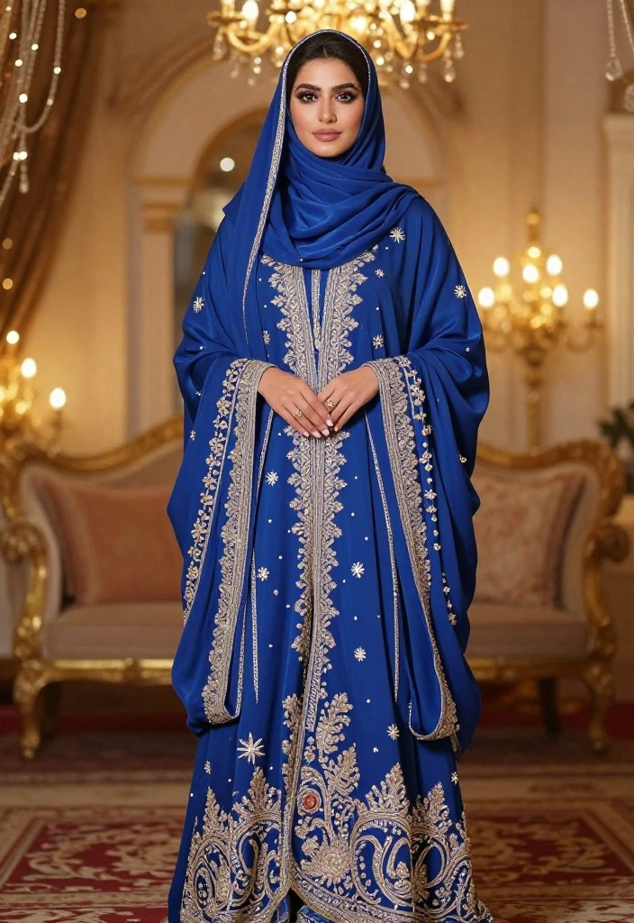15 Blue Hijab Outfit Ideas for Women That Balance Color Without Clashing - 12. Blue Kaftan with Embellishments 1
