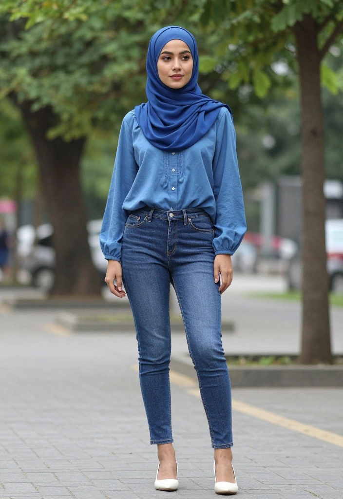 15 Blue Hijab Outfit Ideas for Women That Balance Color Without Clashing - 13. Blue Peasant Blouse with Slim-Fit Jeans 1
