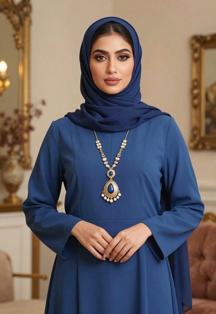 15 Blue Hijab Outfit Ideas for Women That Balance Color Without Clashing - 14. Blue Shift Dress with Statement Necklace 1