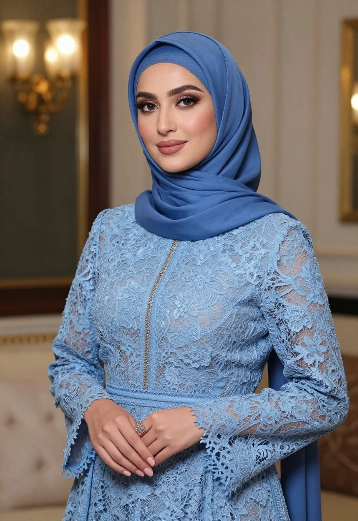 15 Blue Hijab Outfit Ideas for Women That Balance Color Without Clashing - 15. Blue Lace Overlay Dress 1