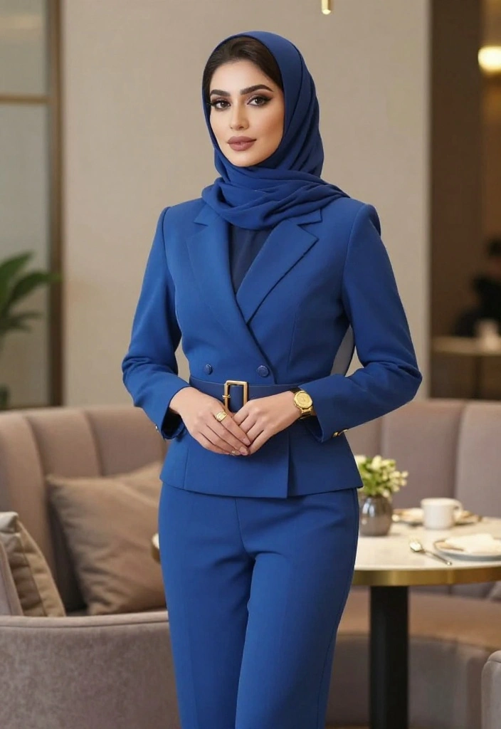 15 Blue Hijab Outfit Ideas for Women That Balance Color Without Clashing - 2. Blue Jumpsuit with Gold Accessories 1