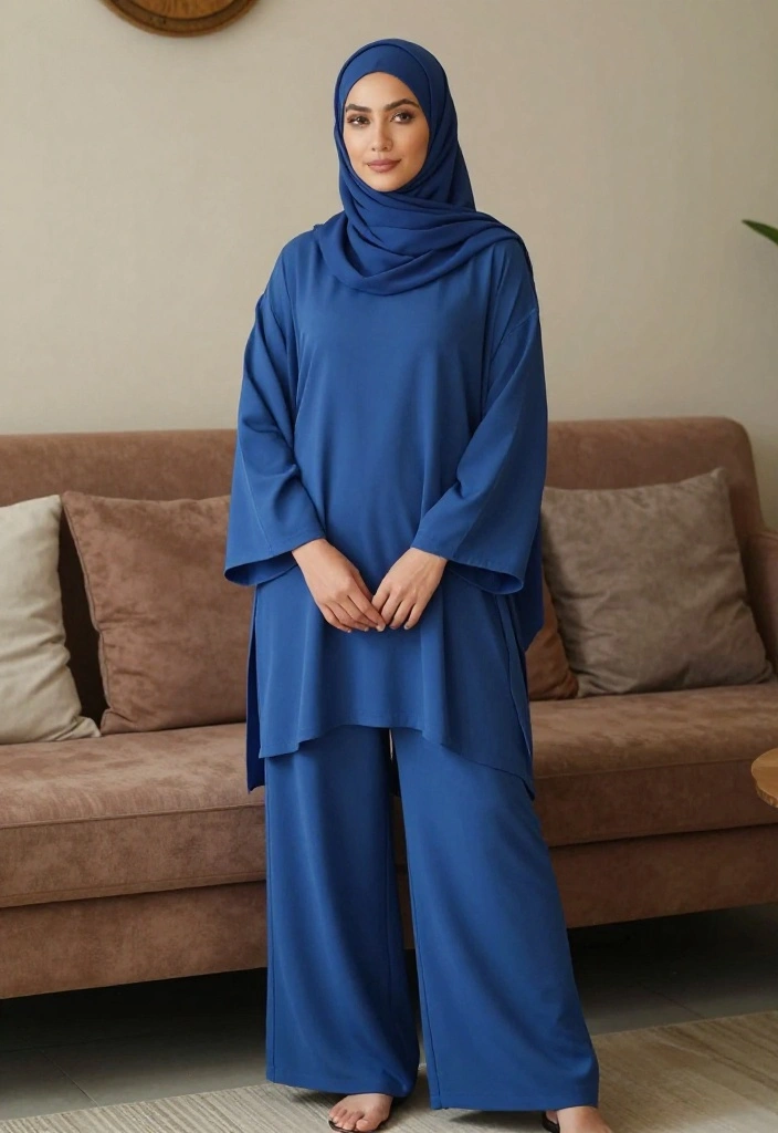 15 Blue Hijab Outfit Ideas for Women That Balance Color Without Clashing - 3. Blue Tunic with Wide-Leg Trousers 1