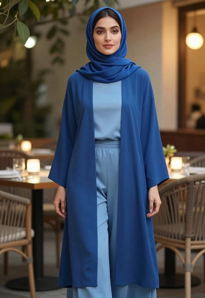 15 Blue Hijab Outfit Ideas for Women That Balance Color Without Clashing - 4. Layered Blue Look with Long Cardigan 1