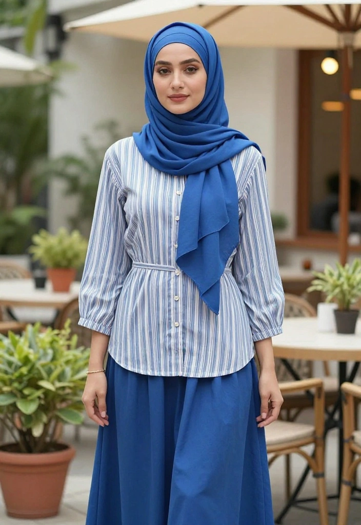15 Blue Hijab Outfit Ideas for Women That Balance Color Without Clashing - 5. Blue and White Striped Ensemble 1