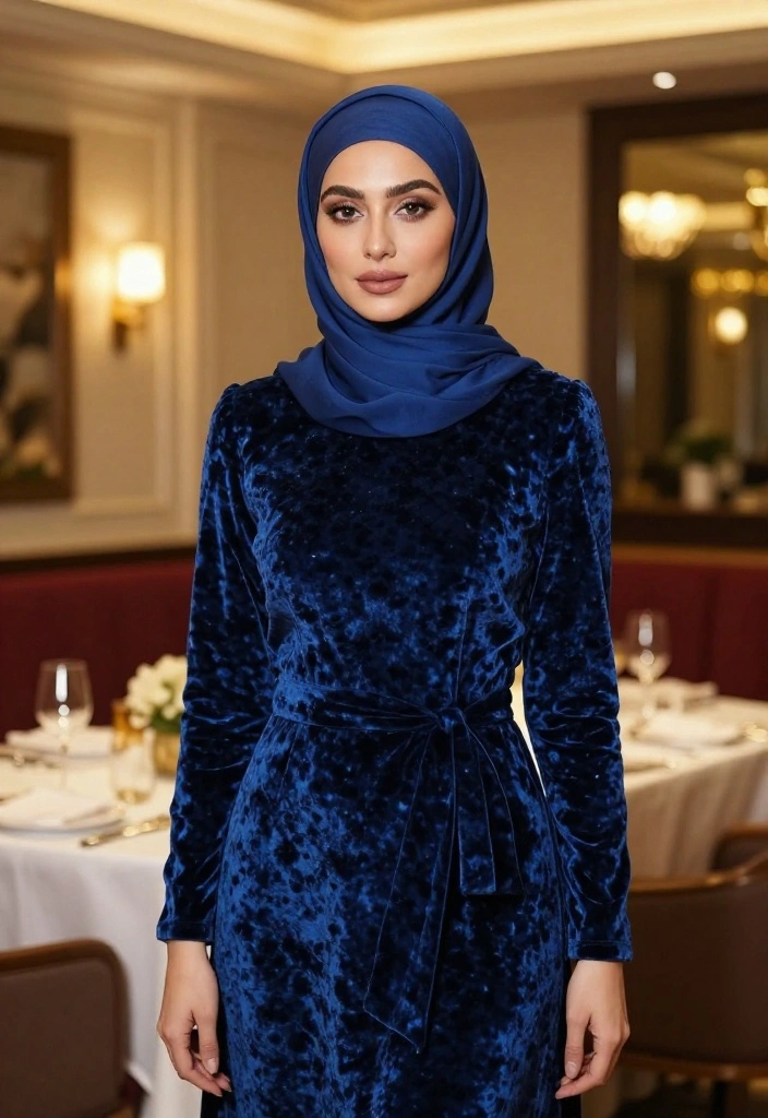 15 Blue Hijab Outfit Ideas for Women That Balance Color Without Clashing - 6. Blue Velvet Dress for Elegance 1