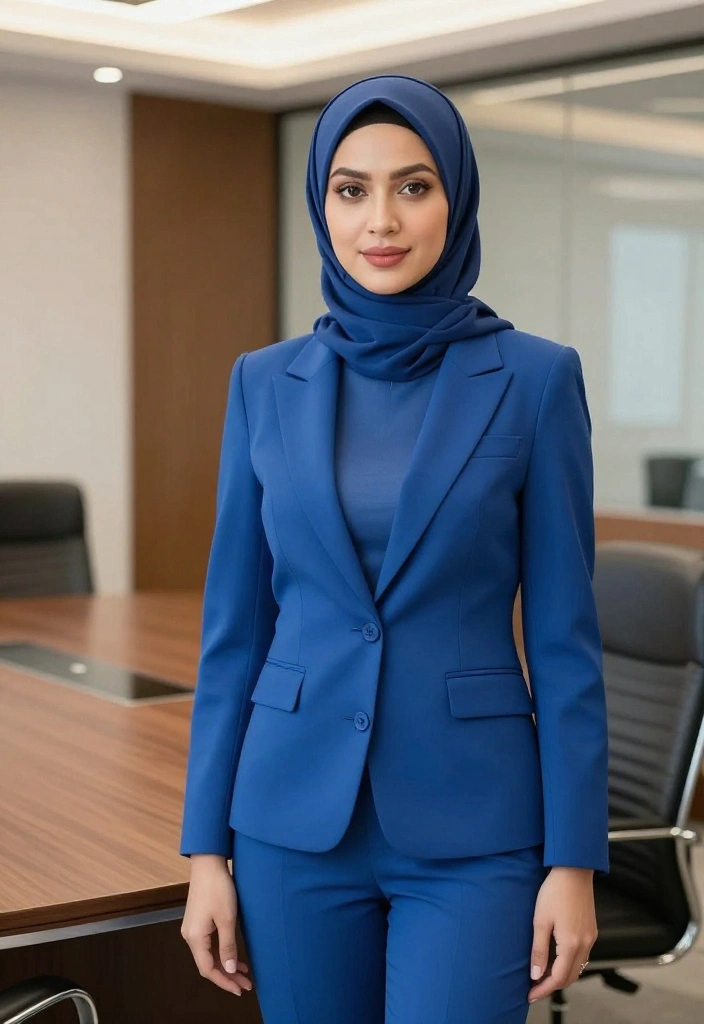 15 Blue Hijab Outfit Ideas for Women That Balance Color Without Clashing - 7. Chic Blue Blazer with Classic Trousers 1