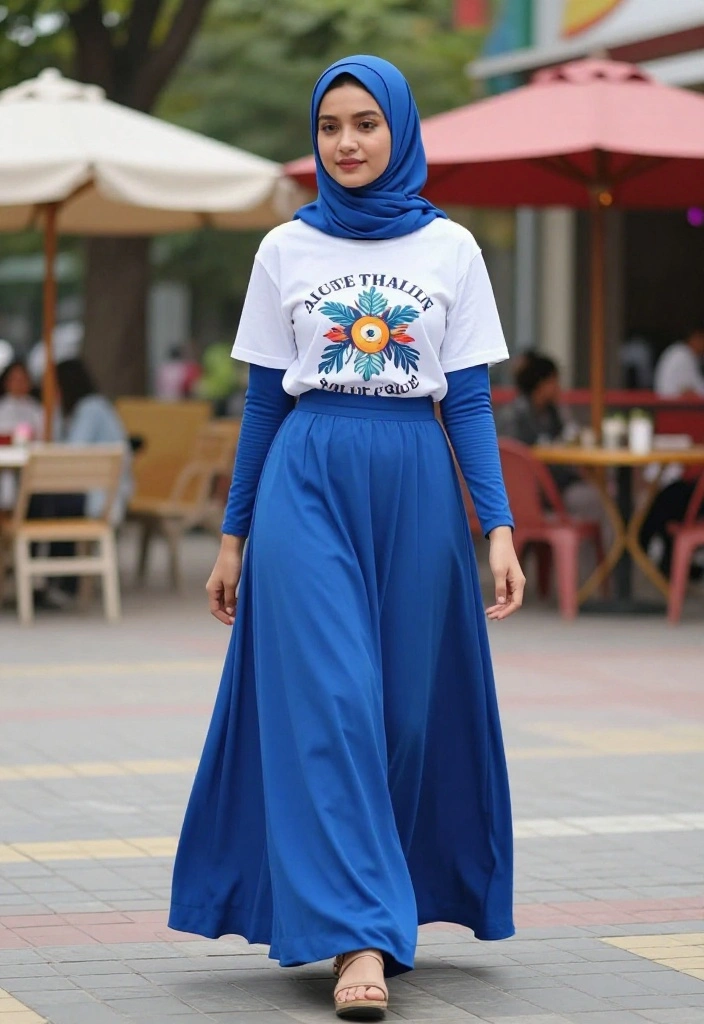 15 Blue Hijab Outfit Ideas for Women That Balance Color Without Clashing - 8. Blue Skirt with Graphic Tee 1