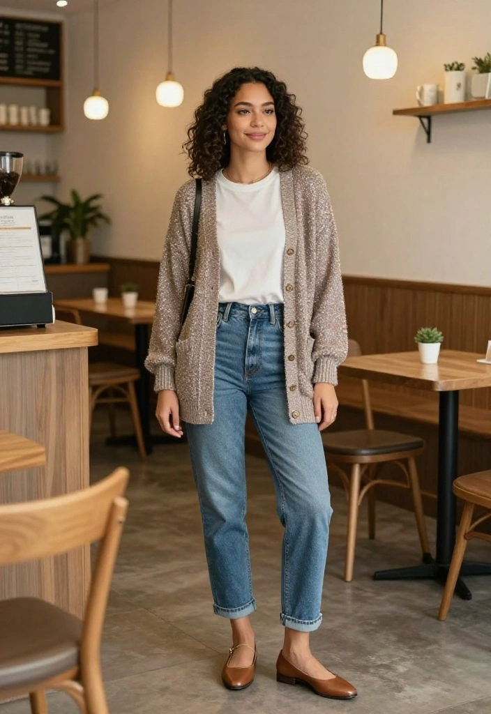 15 Glitter Dress Outfit Ideas That Don't Look Costume-y - 11. Glitter Cardigan Over Casual Look 1