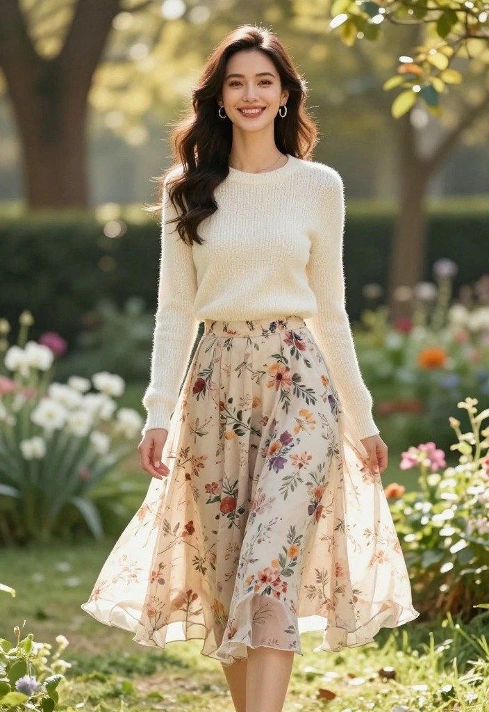 15 Knitted Sweaters Outfit Ideas for Women That Don't Add Bulk Above the Waist - 10. Textured Sweater with Layered Skirts 1