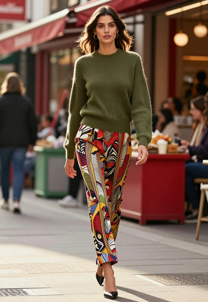 15 Knitted Sweaters Outfit Ideas for Women That Don't Add Bulk Above the Waist - 7. Fitted Sweater with Printed Trousers 1