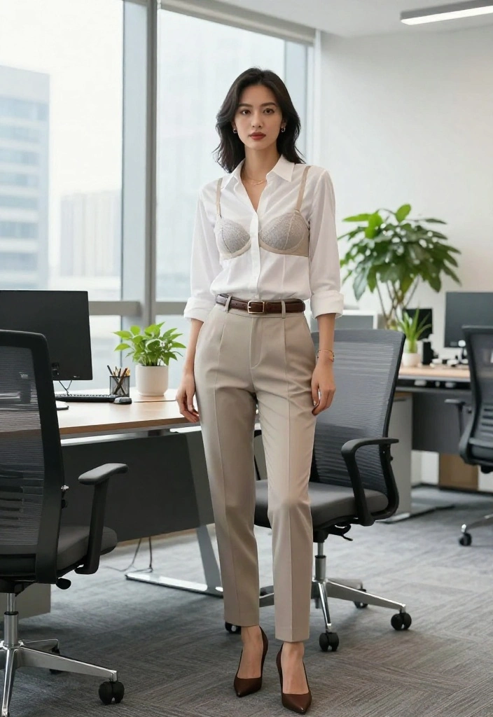 15 Push Up Bra Outfit Ideas for Women That Stay Smooth - 12. Classic Elegance: Button-Up Shirt and Trousers 1