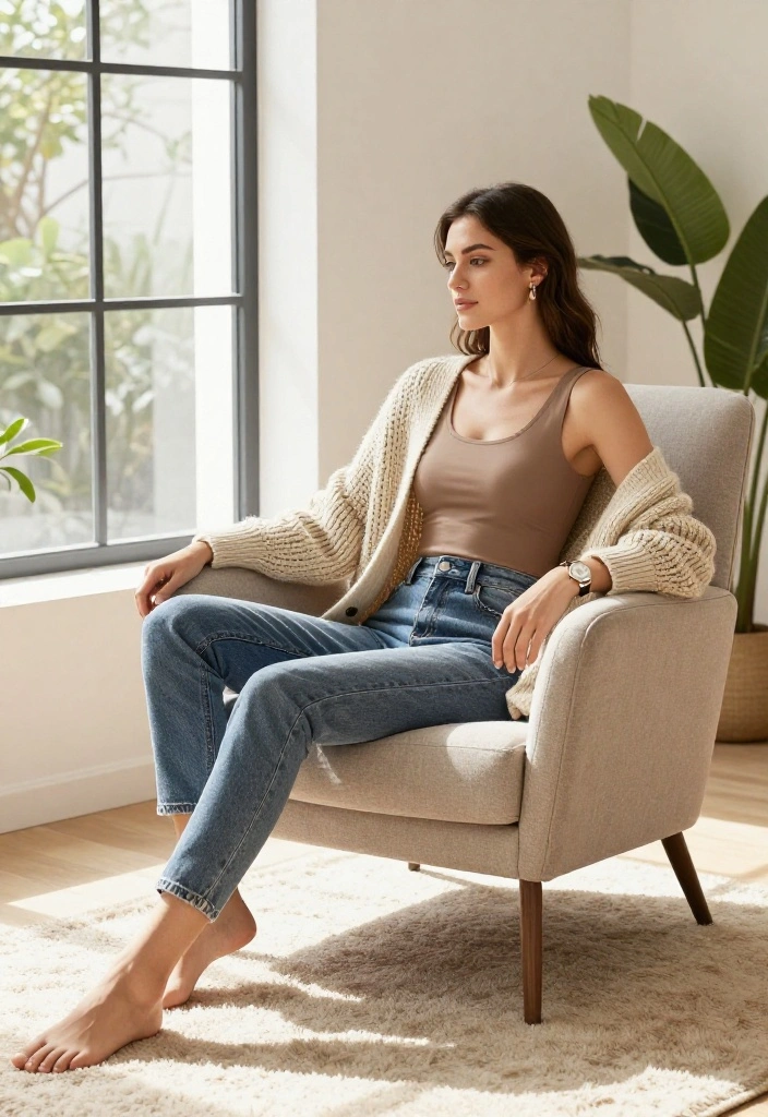 15 Push Up Bra Outfit Ideas for Women That Stay Smooth - 7. Effortless Layering: Tank Top and Cardigan 1