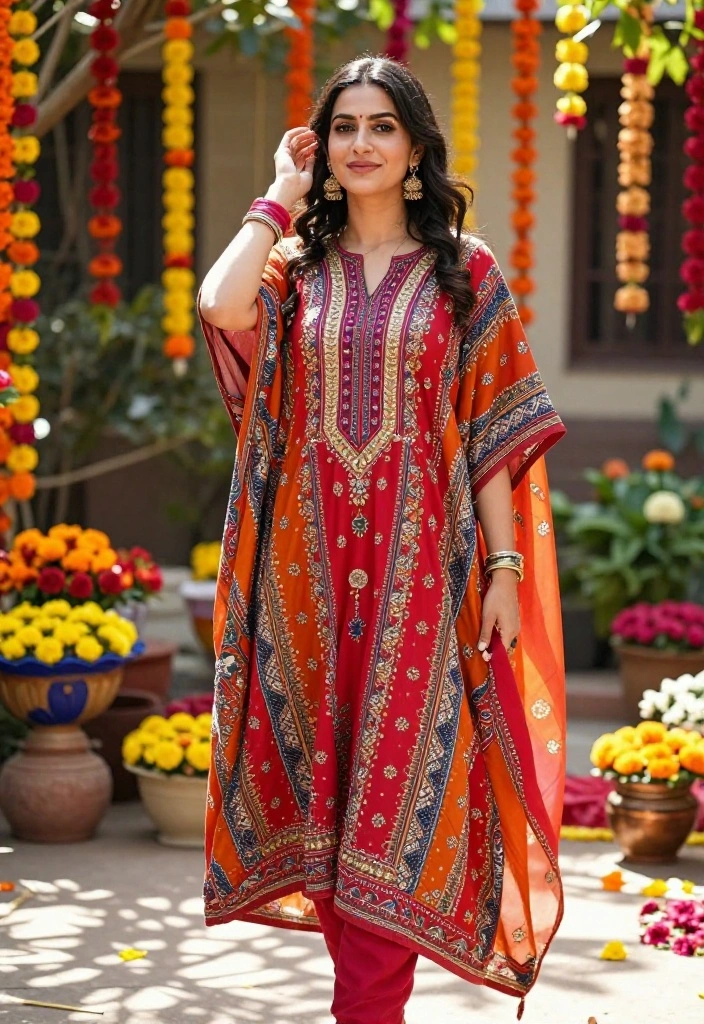 15 Rakhi Women Outfit Ideas That Feel Festive Without Overdoing It - 14. Bright Ethnic Kaftan Dress 1