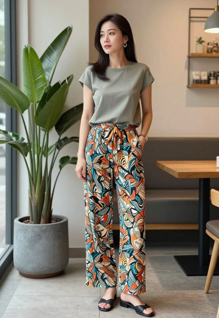18 Elegant Pants Outfits for Women That Skip the Skirt - 10. Printed Pants with a Solid Top 1