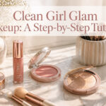 Beauty products arranged on a clean bathroom counter with soft lighting.