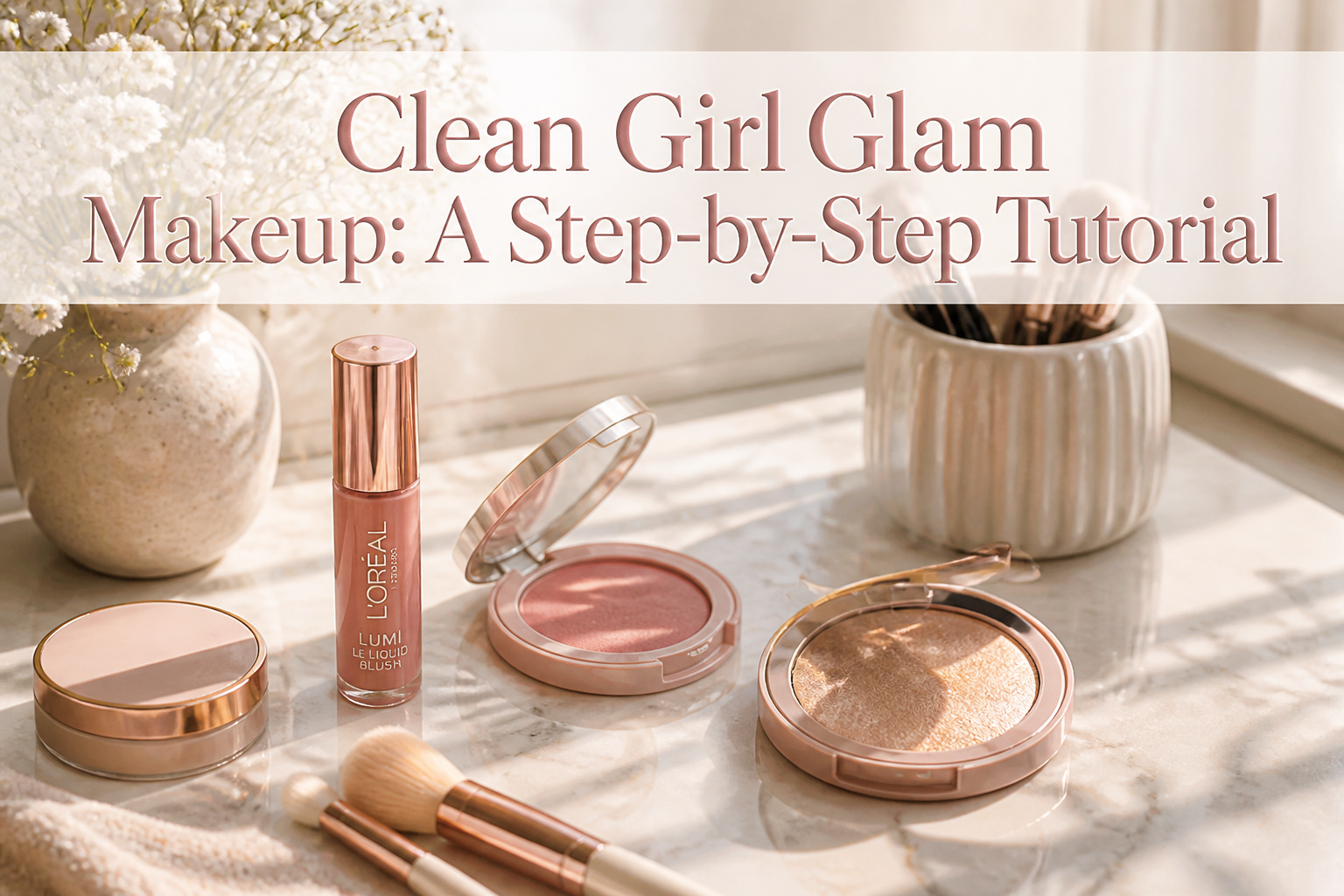 Beauty products arranged on a clean bathroom counter with soft lighting.
