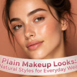 Various plain makeup looks displayed on a neutral background.