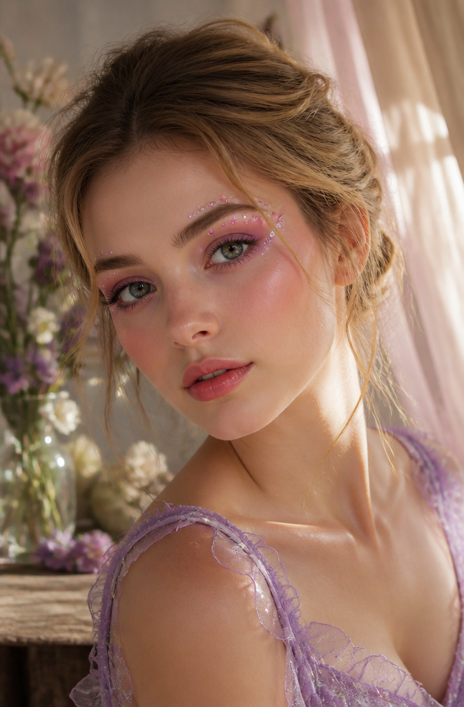 Model with pink and purple eye makeup, showcasing a fairy style.