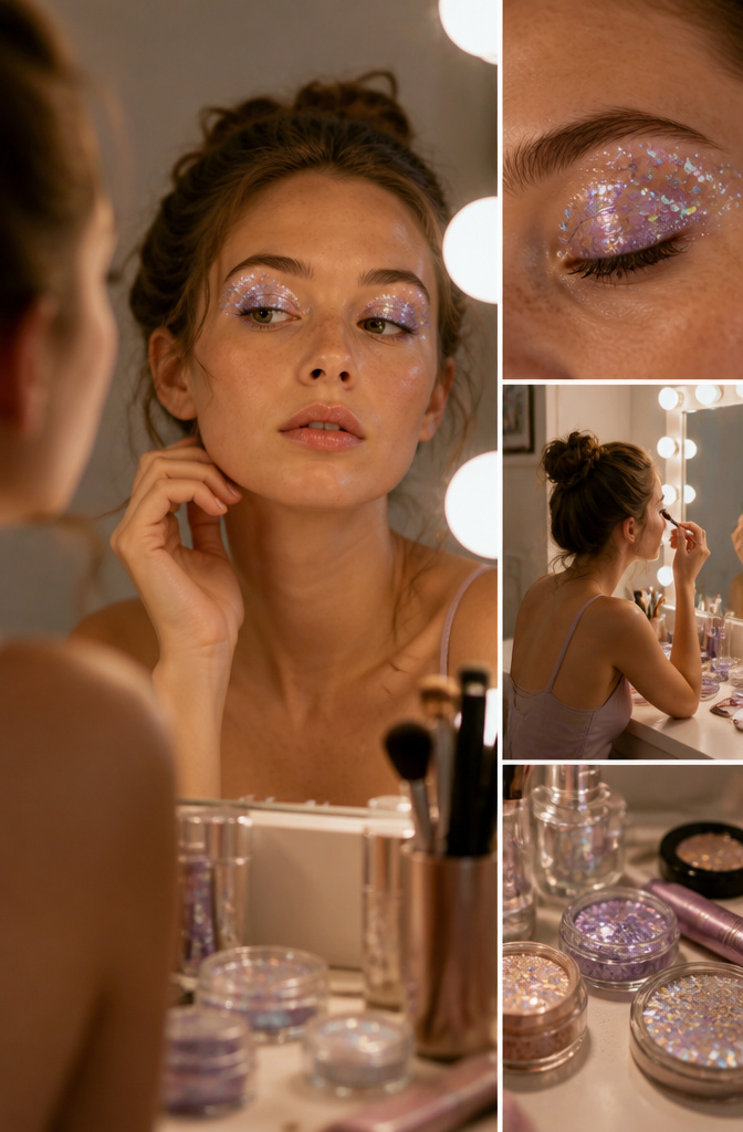 A photograph featuring multiple glitter eye makeup styles.