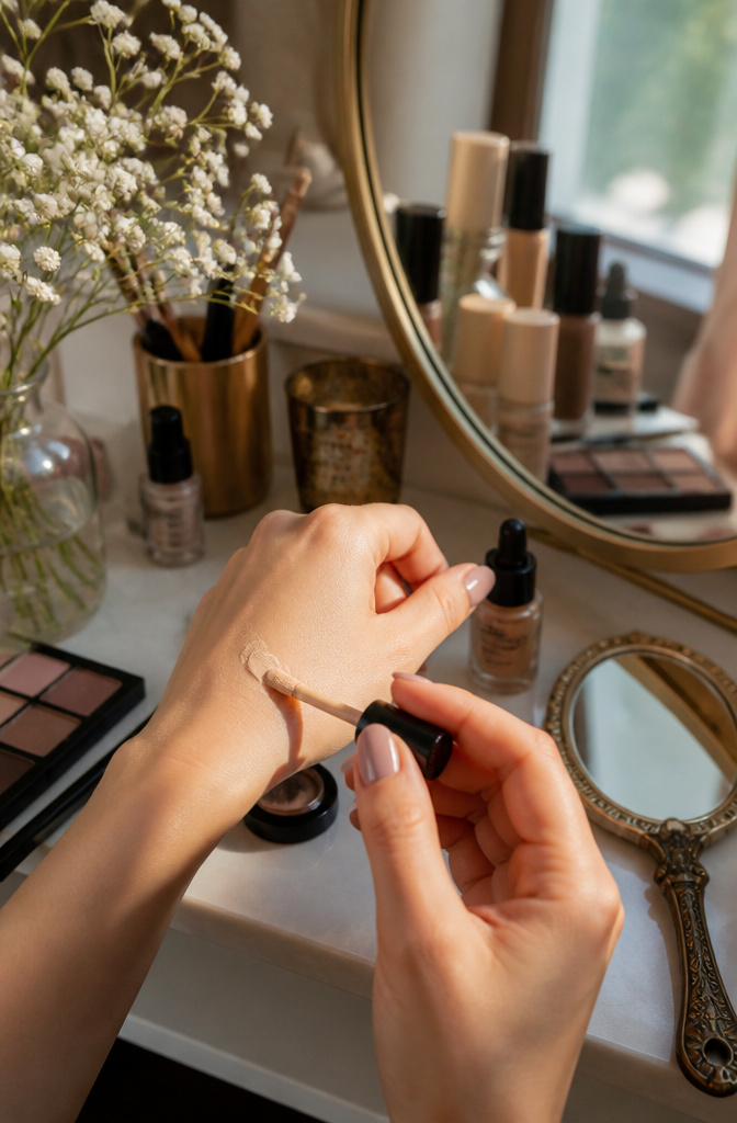 Hand applying concealer to eyelid at a vanity.