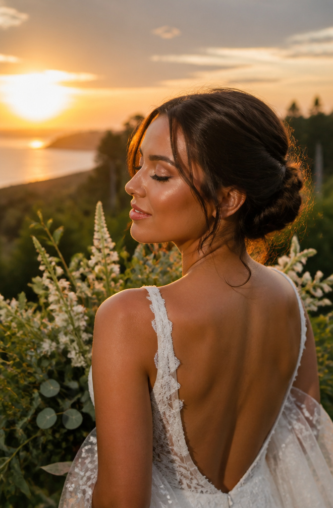 12 Unique Wedding Makeup Ideas for the 2026 Bride 11 Bride with bronzed skin and glossy peach lips against a sunset.