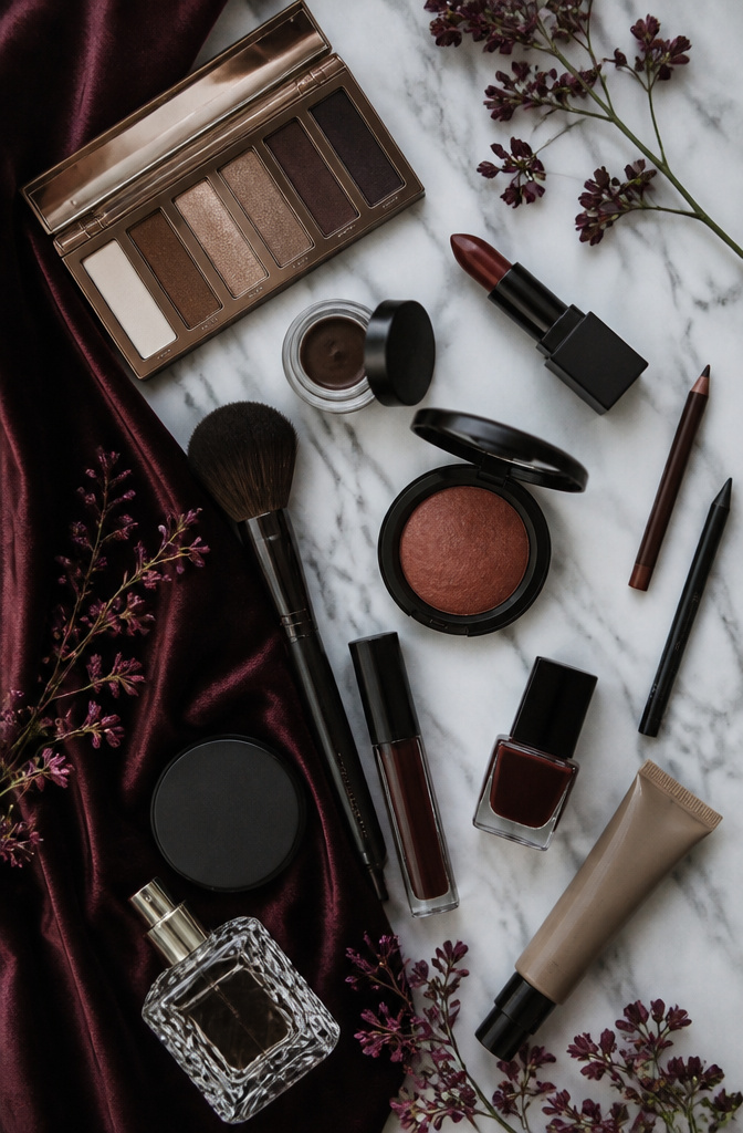 Image displaying makeup products at different price points for dark feminine looks.