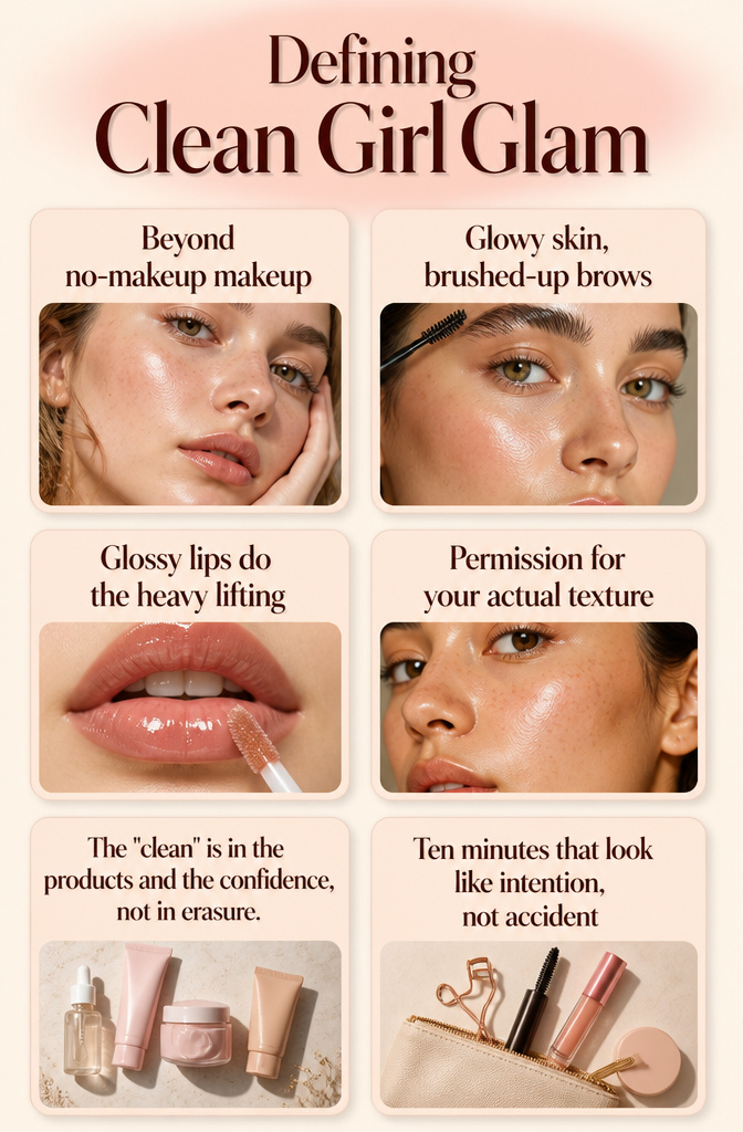 Text graphic defining 'Clean Girl Glam' makeup style.