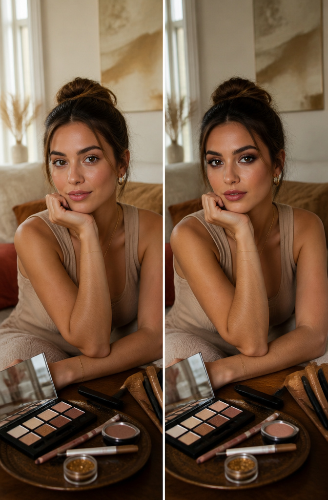 Comparison of day and night brown eye makeup styles.