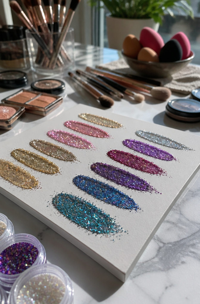 Close-up of a makeup artist's workspace with colorful glitter.