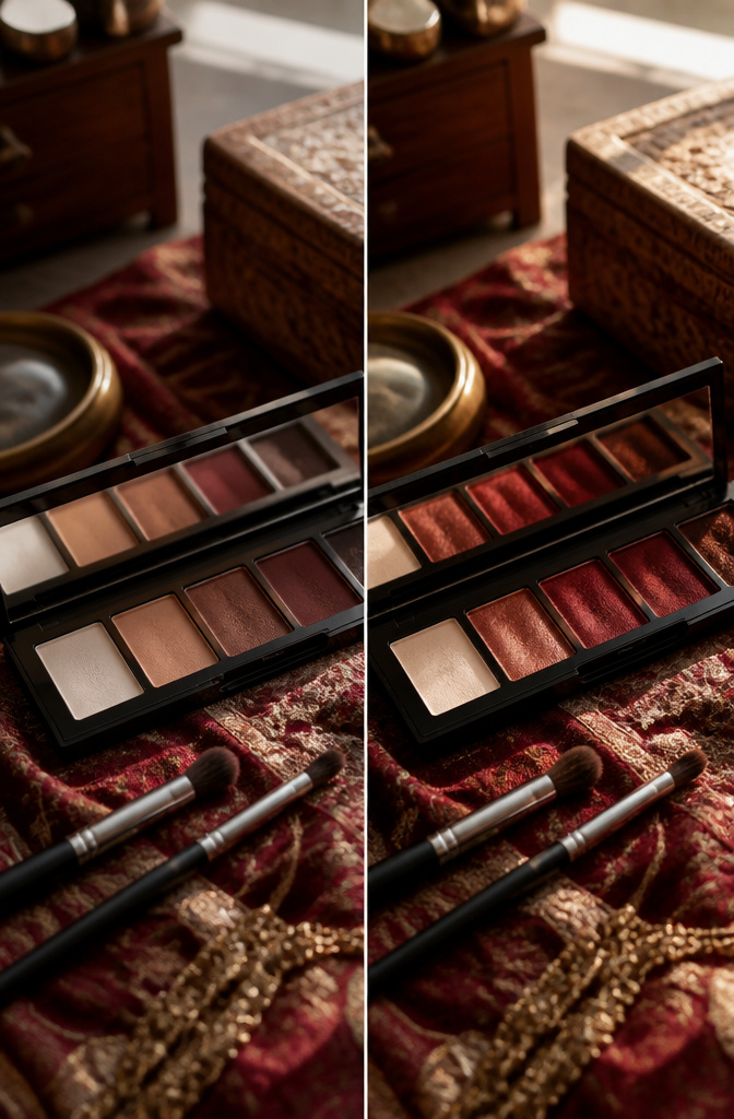 A close-up of red eyeshadow with base colors for smokey eye makeup.