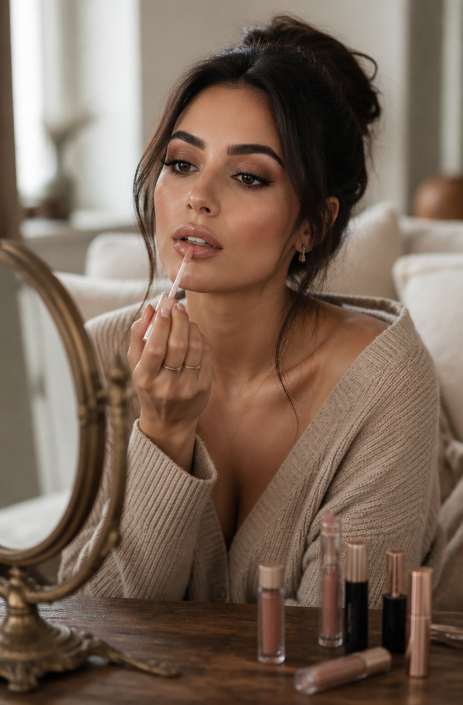 Nude lipstick and gloss displayed beside a model.