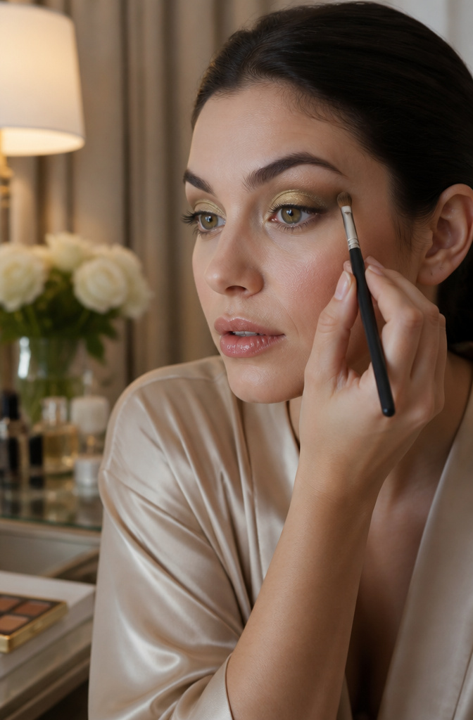 14 Simple Green Eye Makeup Looks and Ideas for 2026 12 Model showcasing true gold eyeshadow on her eyelids.