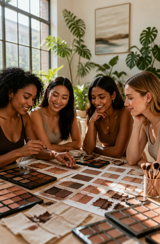 Group using brown eyeshadows at a lively makeup workshop.